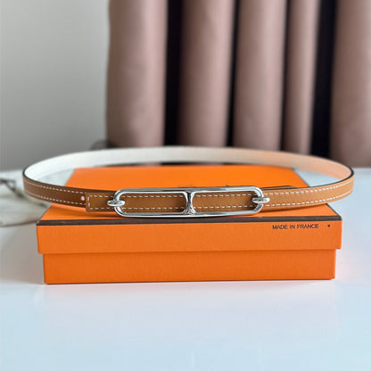HERMES ROULIS BUCKLE & REVERSIBLE CINNAMON BROWN AND WHITE LEATHER STRAP 13MM SILVER HARDWARE