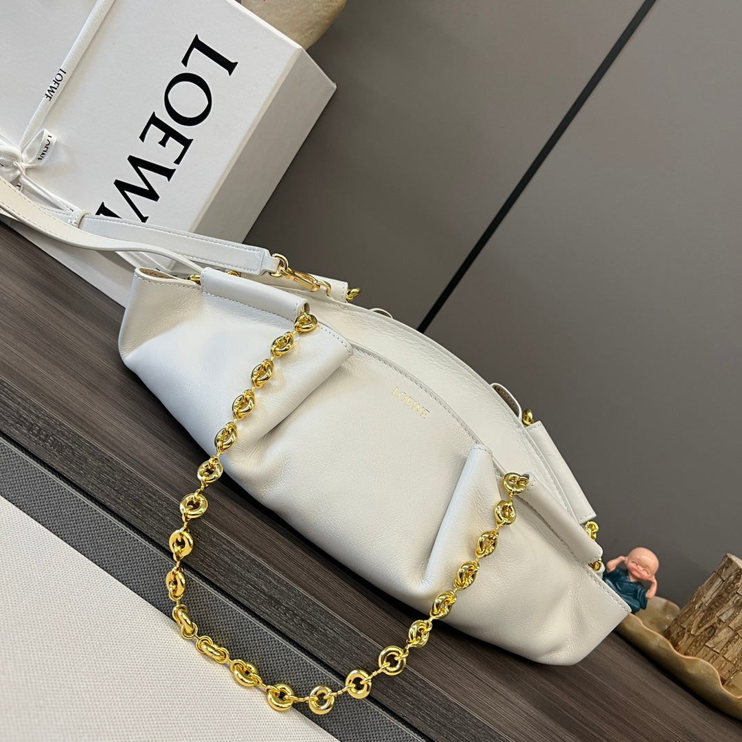 Loewe Small Paseo Chain Shoulder Bag White Calfskin
