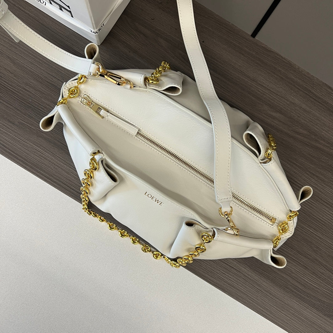 Loewe Small Paseo Chain Shoulder Bag White Calfskin