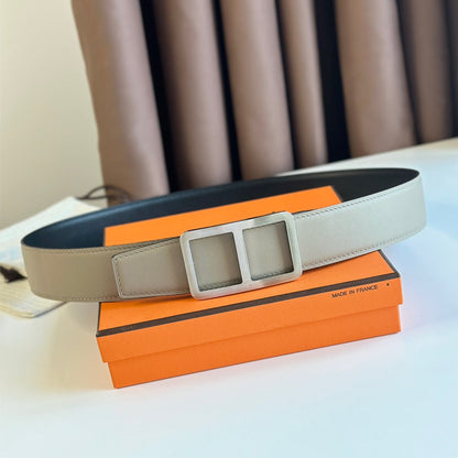 HERMES BELT BUCKLE & REVERSIBLE GREY PASTEL AND BLACK LEATHER STRAP 38MM SILVER HARDWARE