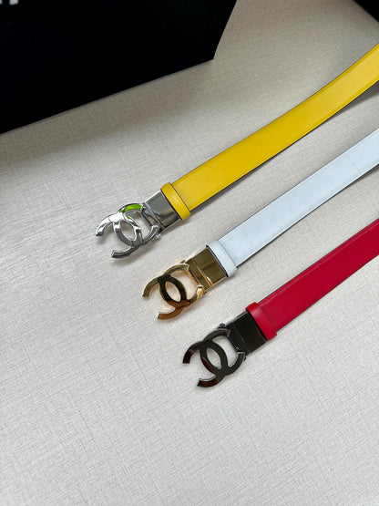 CHANEL 30MM BELT IN BRIGHT YELLOW AND BLACK CALFSKIN WITH SILVER HARDWARE