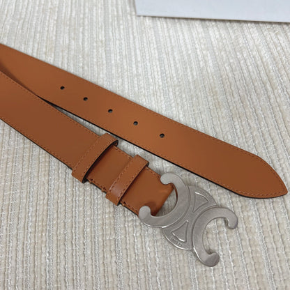 CELINE Medium Triomphe Belt 25mm Tan Calfskin Silver Finishing