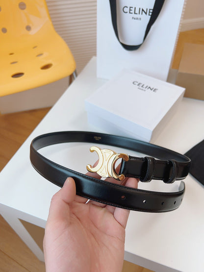 CELINE 25S TRIOMPHE BELT 25MM IN BLACK CALFSKIN GOLD HARDWARE 580705
