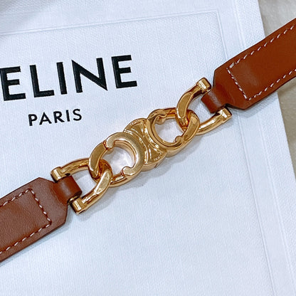 CELINE CL SMALL 18 MM GOURMETTE TRIOMPHE ADJUSTABLE BELT IN BRONZE BROWN LEATHER GOLD HARDWARE