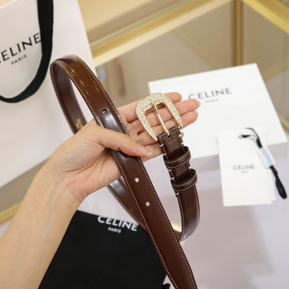 CELINE CL MEDIUM 25 MM MARCO BELT WITH STRASS IN CHOCOLATE BROWN CALFSKIN GOLD HARDWARE