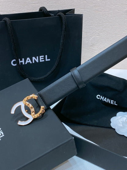 CHANEL BELT 30MM IN BLACK SMOOTH CALFSKIN GOLD MIX WHITE METAL LOGO