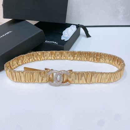 CHANEL ELASTIC BELT 30MM IN GOLD CALFSKIN GOLD HARDWARE WITH RHINSTONES