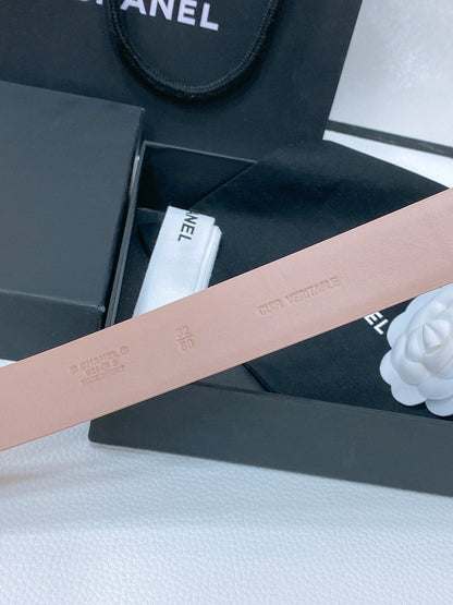 CHANEL BELT 30 MM IN ALMOND BEIGE CALFSKIN PEARL LOGO WITH GOLD HARDWARE