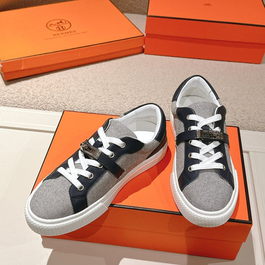 HM 25ss Kelly Buckle Sneakers Navy Blue Gray Cowhide Canvas 577489