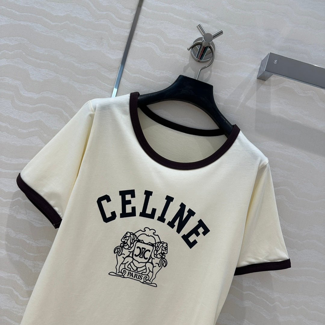 Celine 25 Arc de Triomphe Letter Short Sleeve T-shirt Off-white mix Black Cotton