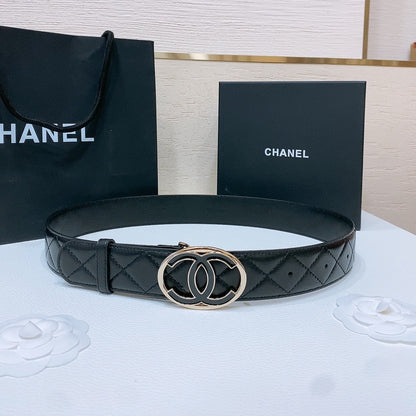 CHANEL DOUBLE C BELT 38MM IN BLACK QUILTED LAMBSKIN GOLD OVAL BUCKLE CENTERED BLACK LOGO