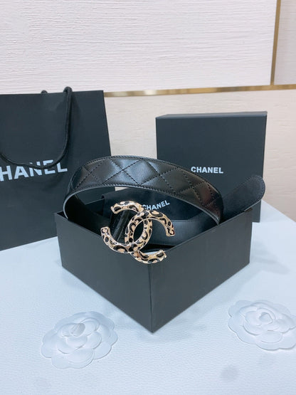 CHANEL DOUBLE C BELT 38MM IN BLACK QUILTED LAMBSKIN WITH BLACK AND BEIGE LEOPARD PRINT BUCKLE