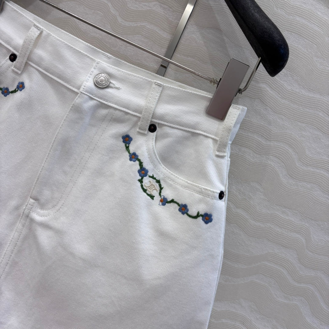 Celine 25 Embroidered Small Flower Skirt White Cotton