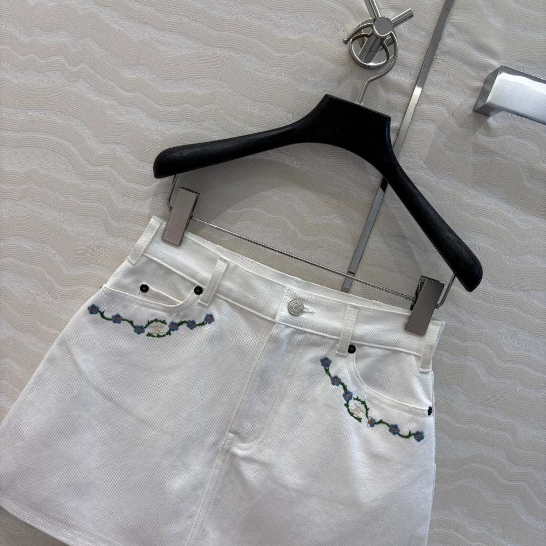 Celine 25 Embroidered Small Flower Skirt White Cotton