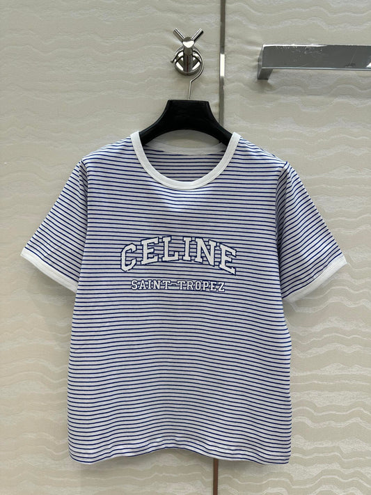 Celine 25 Striped Letter Short-sleeved T-shirt Blue White Cotton