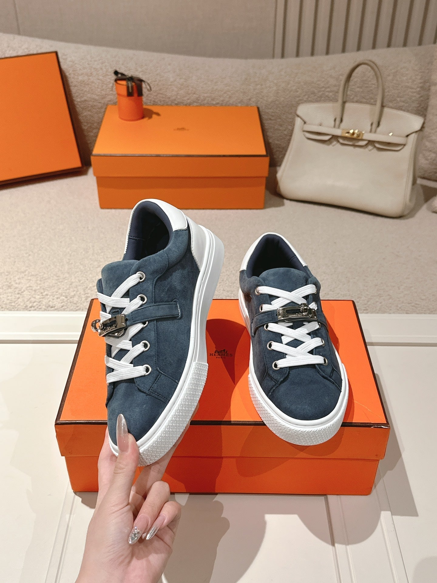 HM Day Sneakers White Dark Blue Suede Calfskin 577510