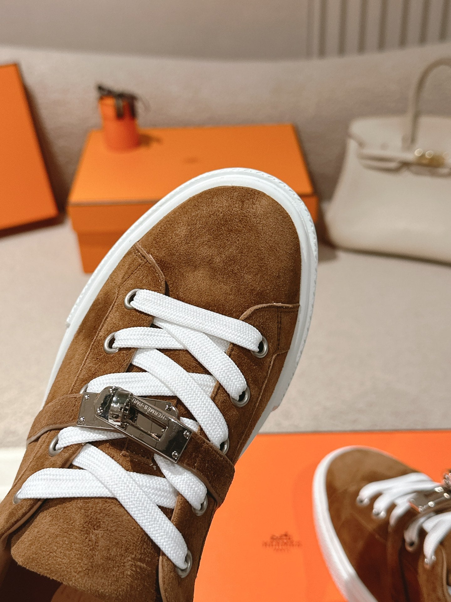 HM Day Sneakers White Dark Brown Suede Calfskin 577511