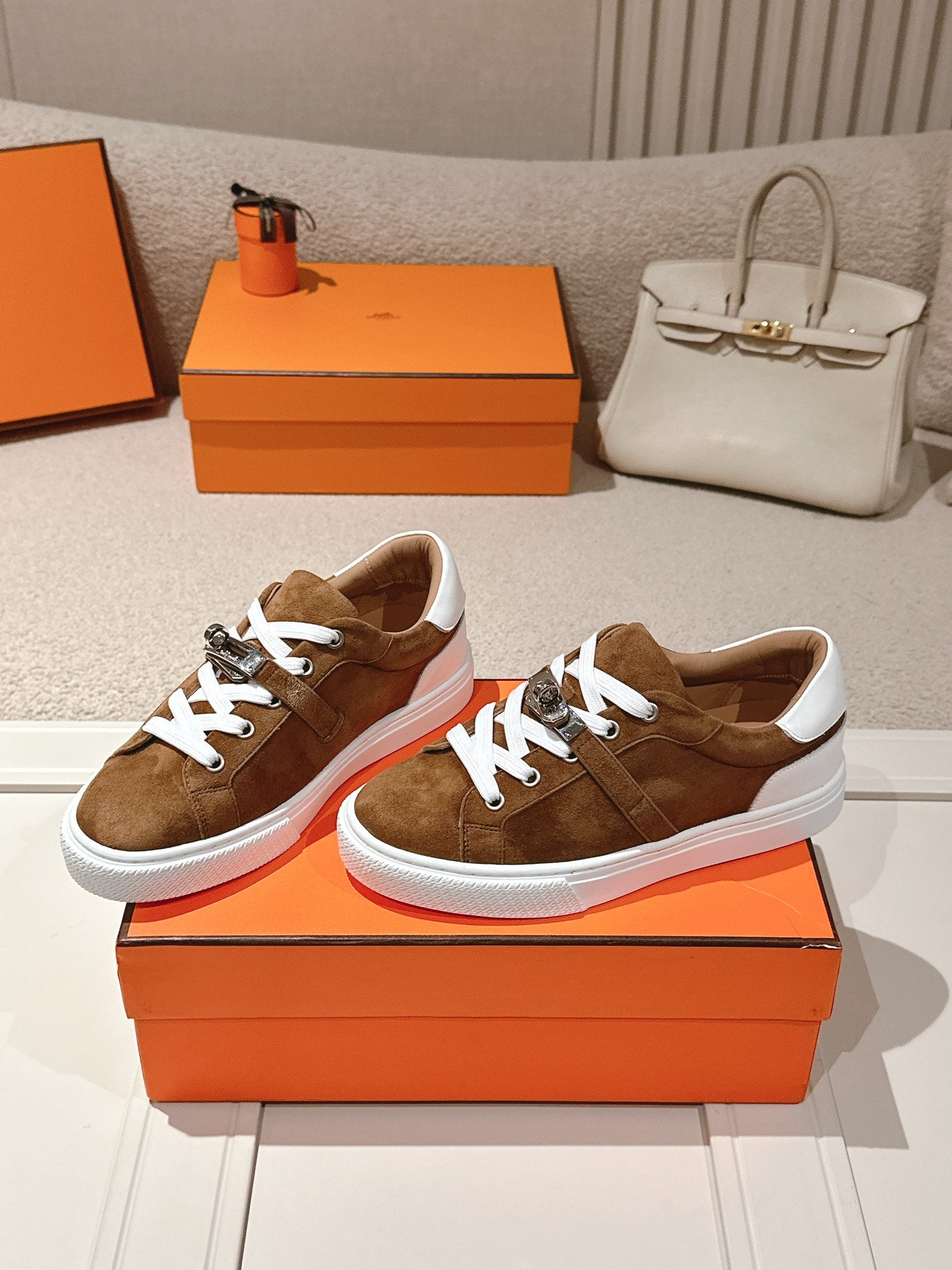HM Day Sneakers White Dark Brown Suede Calfskin 577511