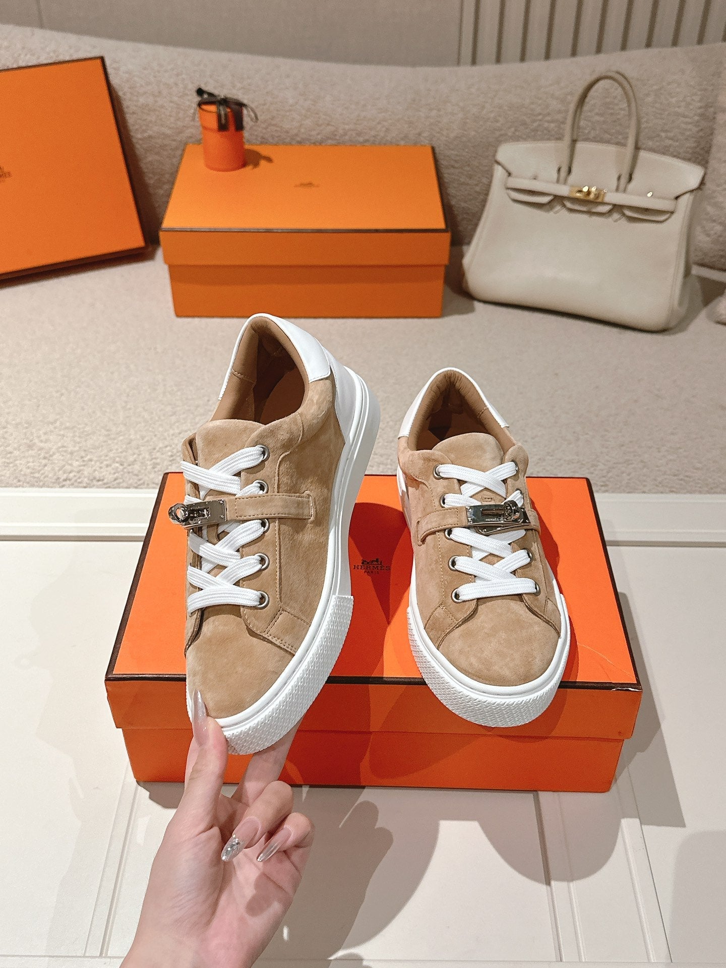 HM Day Sneakers White Brown Suede Calfskin 577512