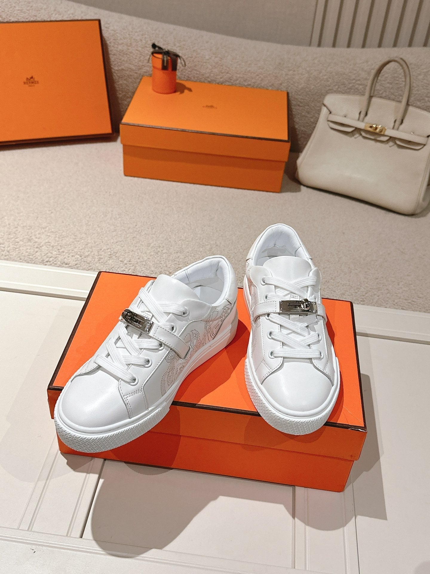 HM Day Sneakers White Panoplie Equestre Perforated Calfskin 577514