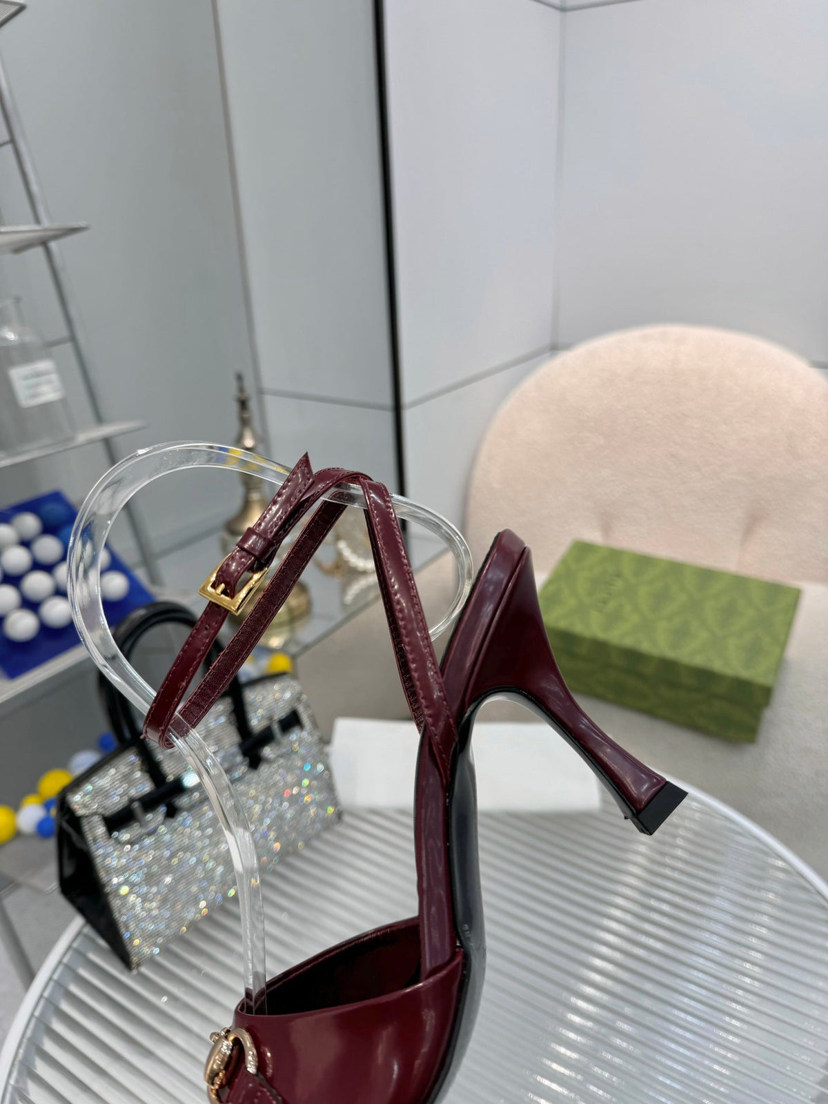 GG Gold Buckle Sandal 80mm Burgundy Patent Leather 457560