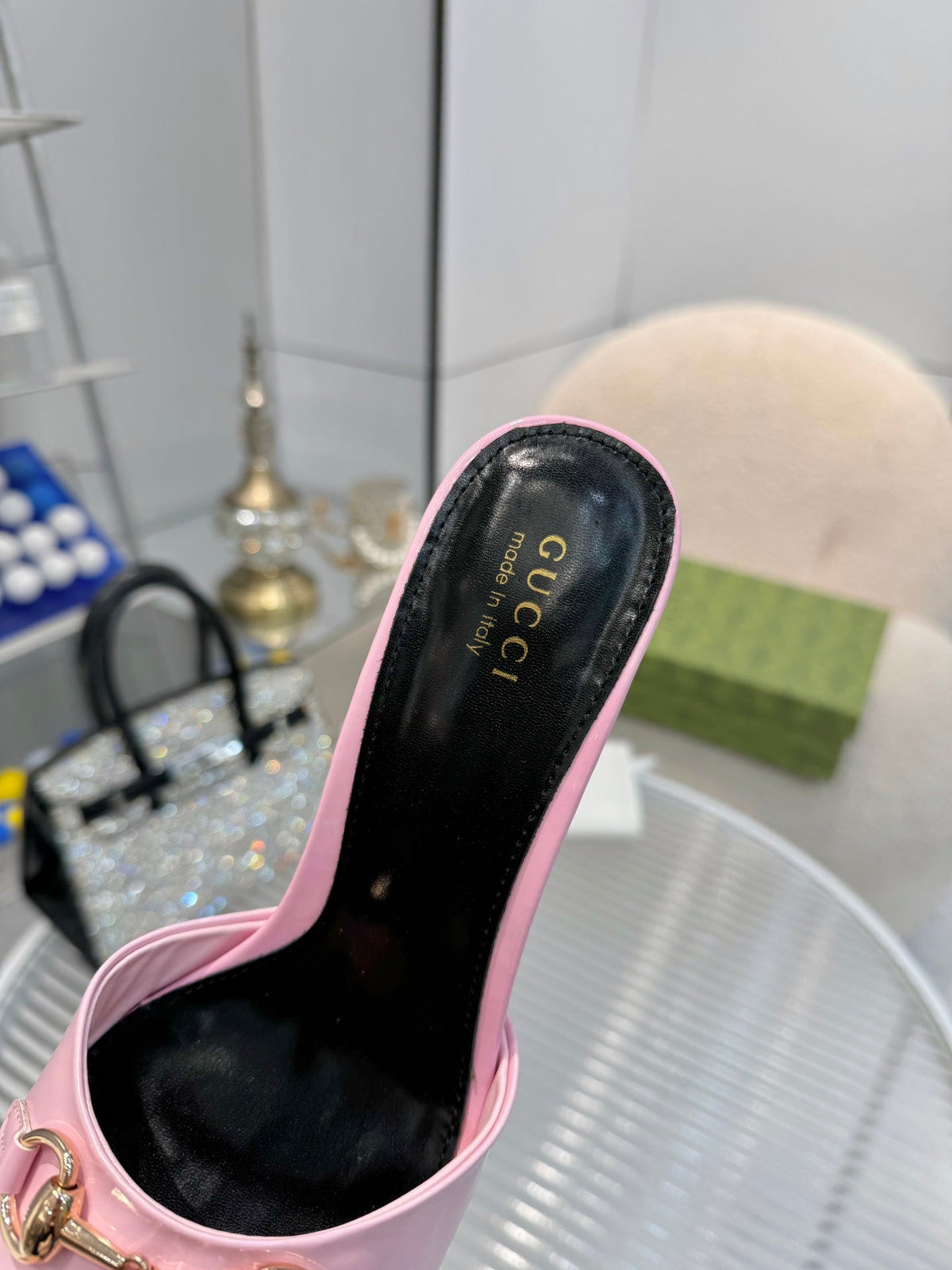 GG Gold Buckle Slide Sandal 80mm Light Pink Patent Leather 457563