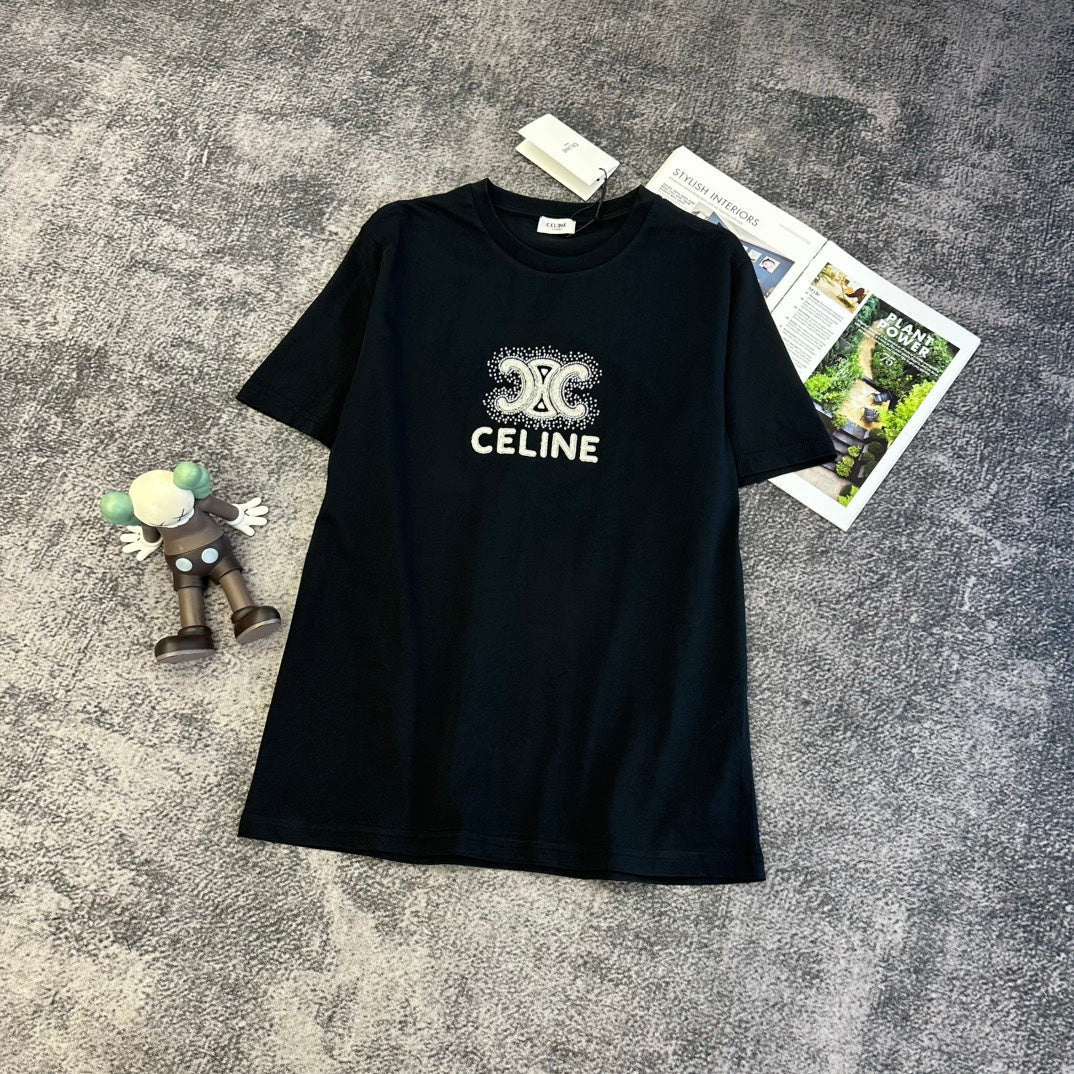 Celine Triomphe Studs T-shirt Black White Cotton 350643