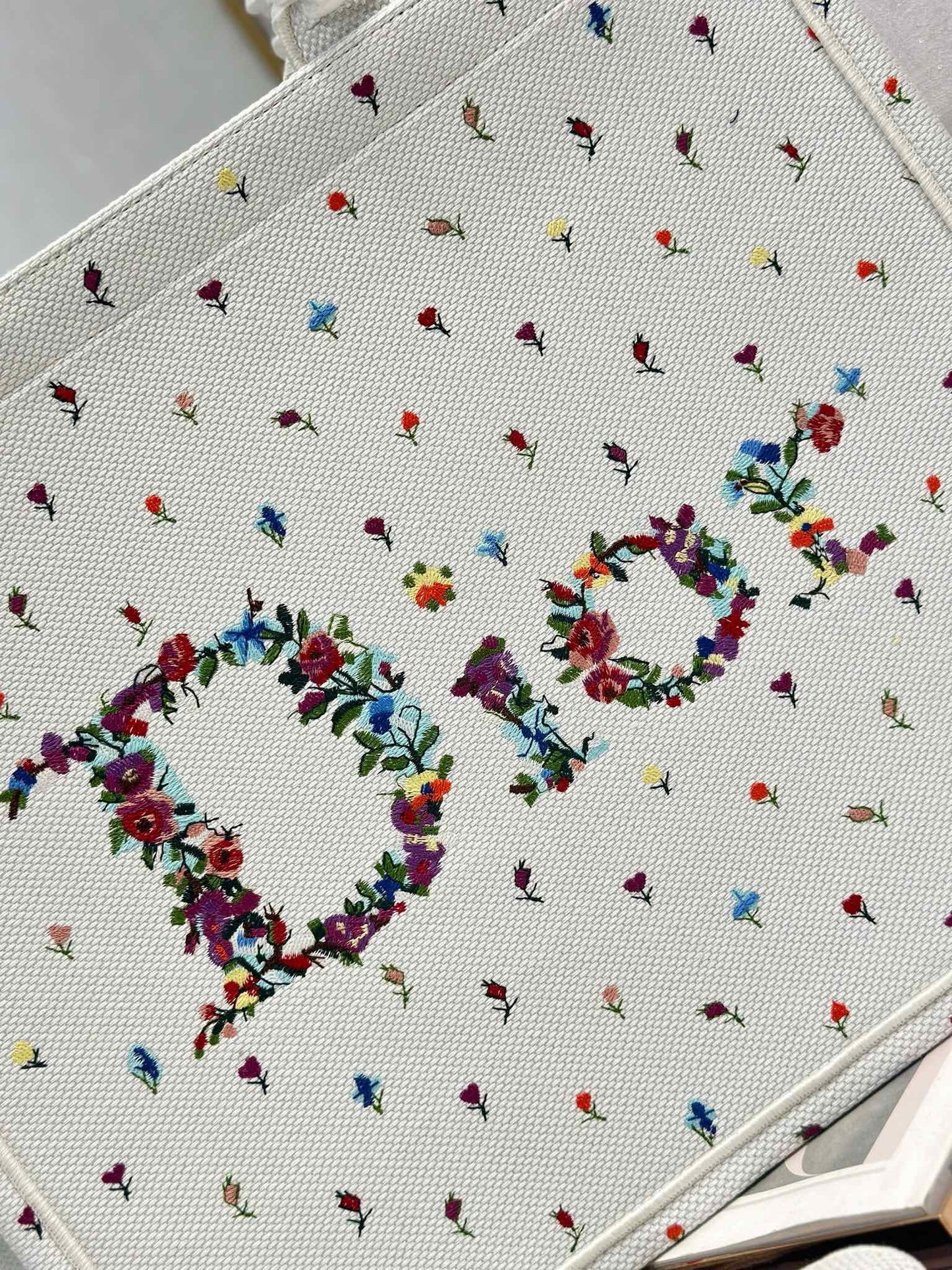 Dior 2026 Book Tote Bag White Multicolor Revolution Flowers Embroidery Canvas 288406
