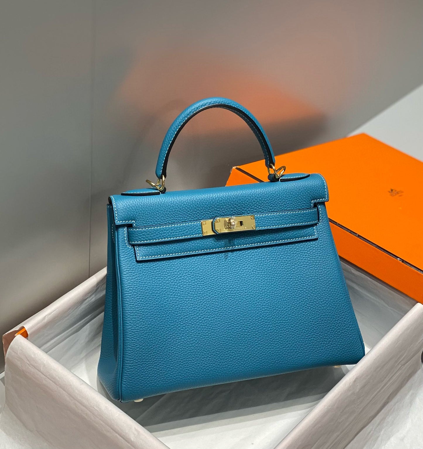 HM Mini Kelly 25cm Blue Jean Togo Leather Gold Hardware