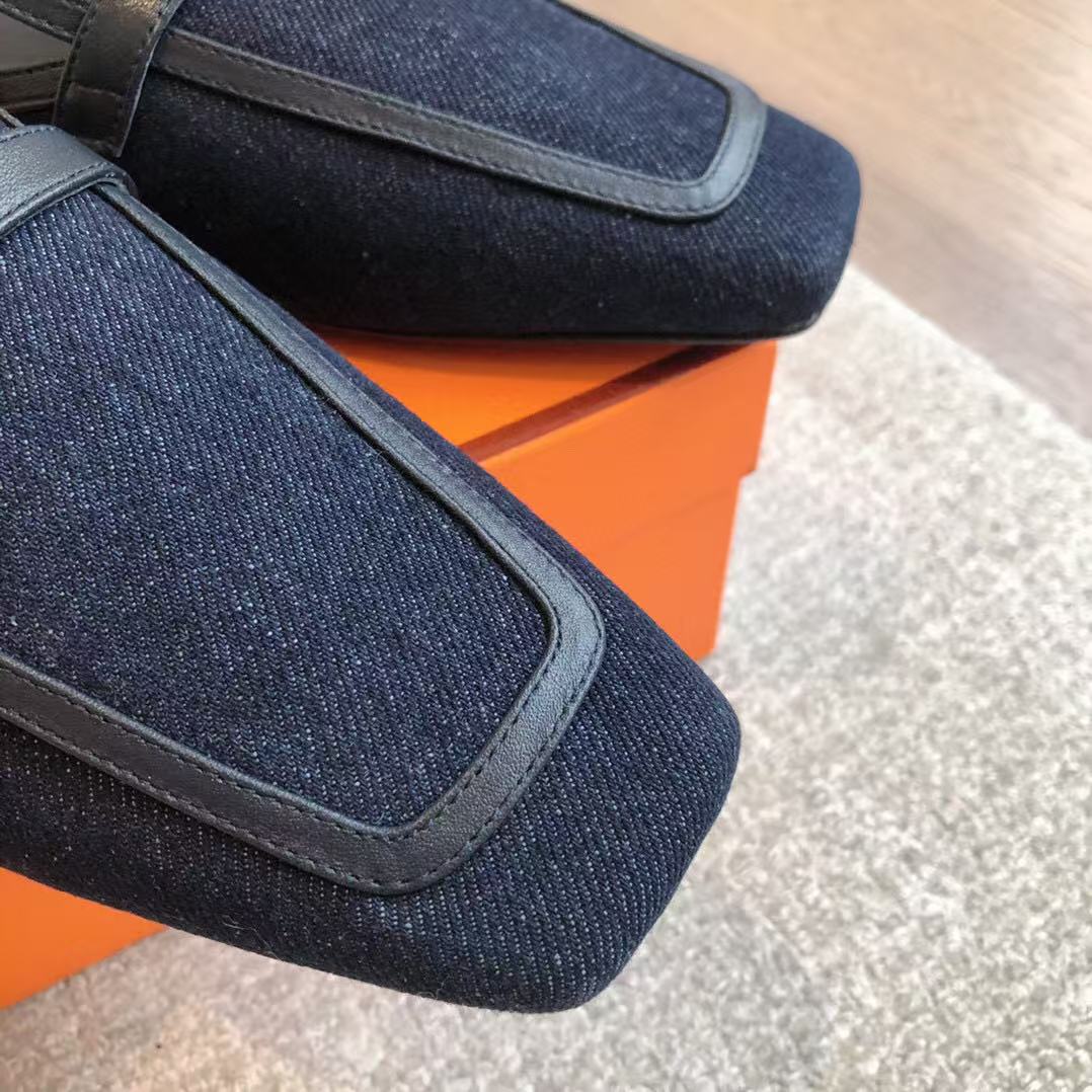 Hermès Pre-Owned Logo-buckle Loafers Blue Black Denim Leather