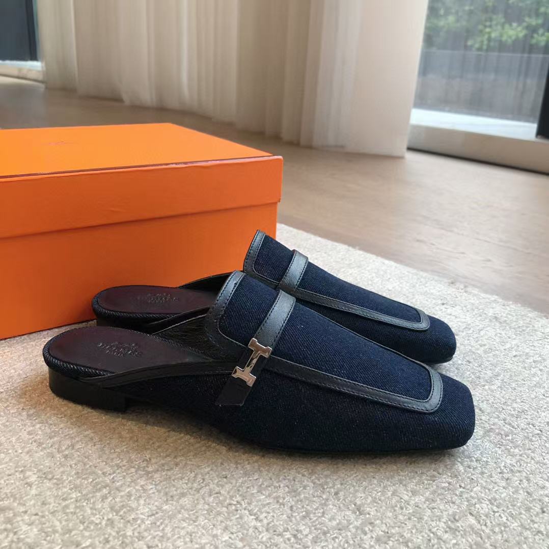 Hermès Pre-Owned Logo-buckle Loafers Blue Black Denim Leather