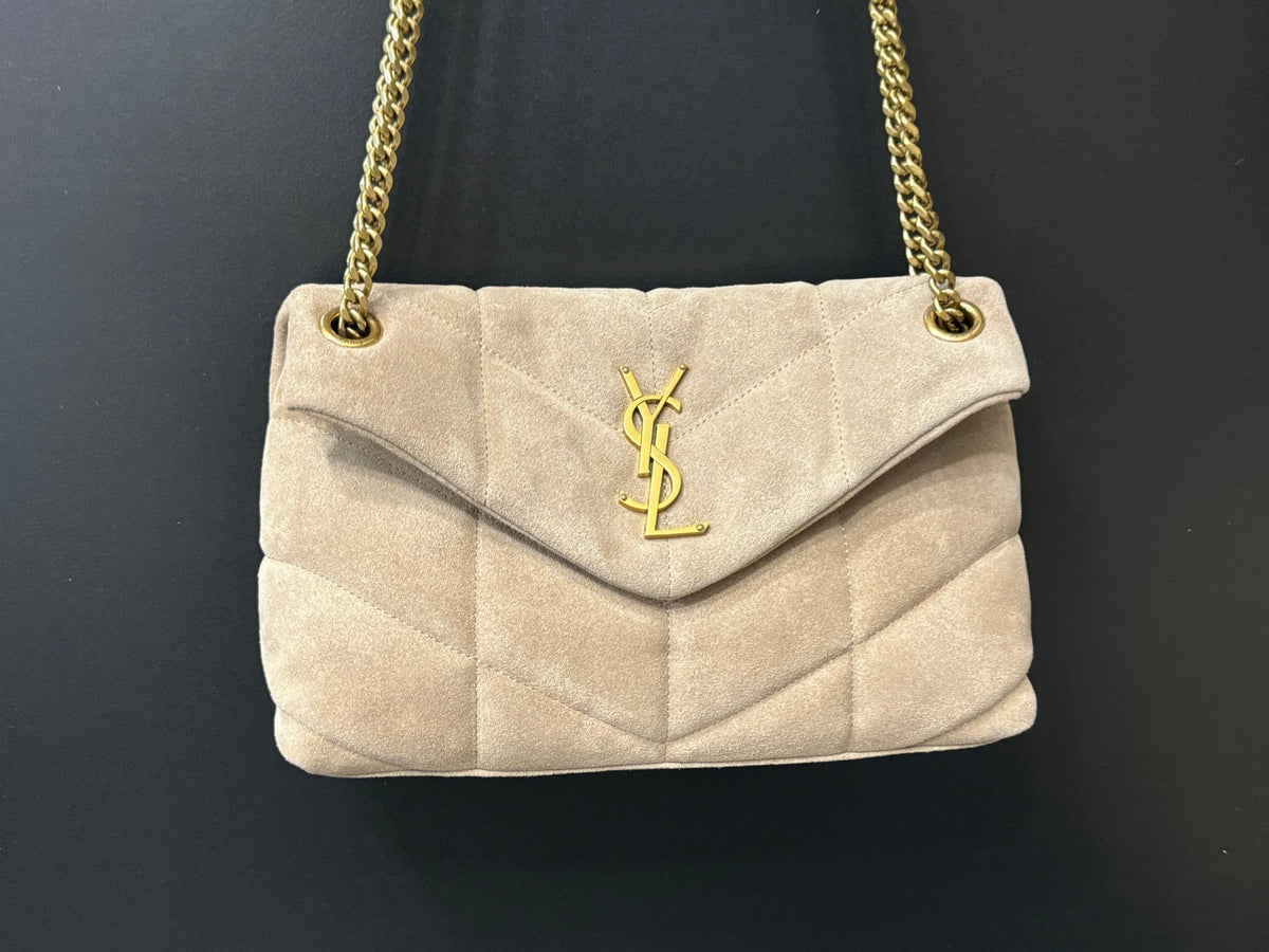 LOULOU PUFFER SMALL 29 LIGHT TAUPE SUEDE GHW