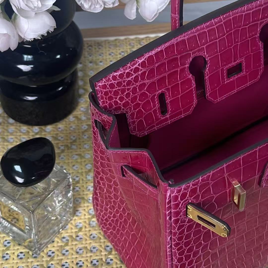 HM Birkin 25cm Rose Scheherazade Crocodile Leather GHW