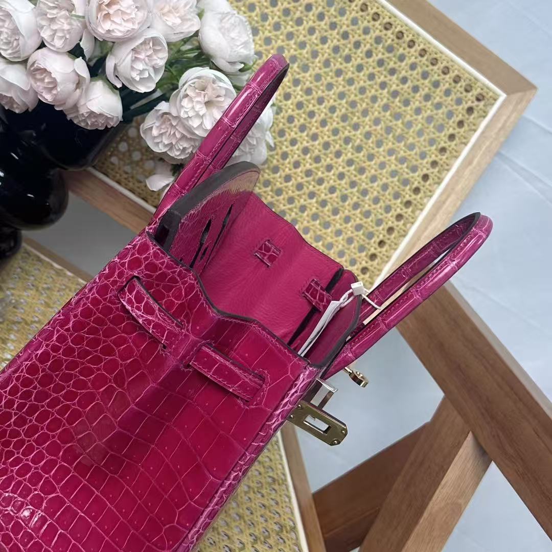HM Birkin 25cm Rose Scheherazade Crocodile Leather GHW