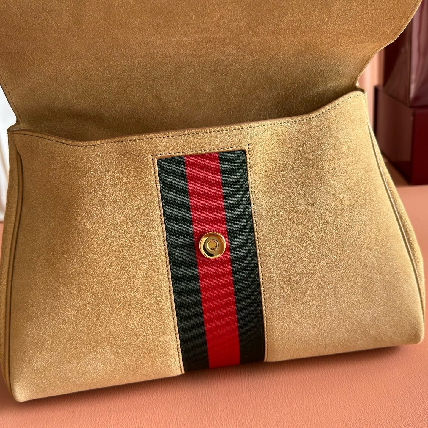 Gucci 2026 Paparazzo Shoulder Bag 30cm Beige Red Green Suede Leather