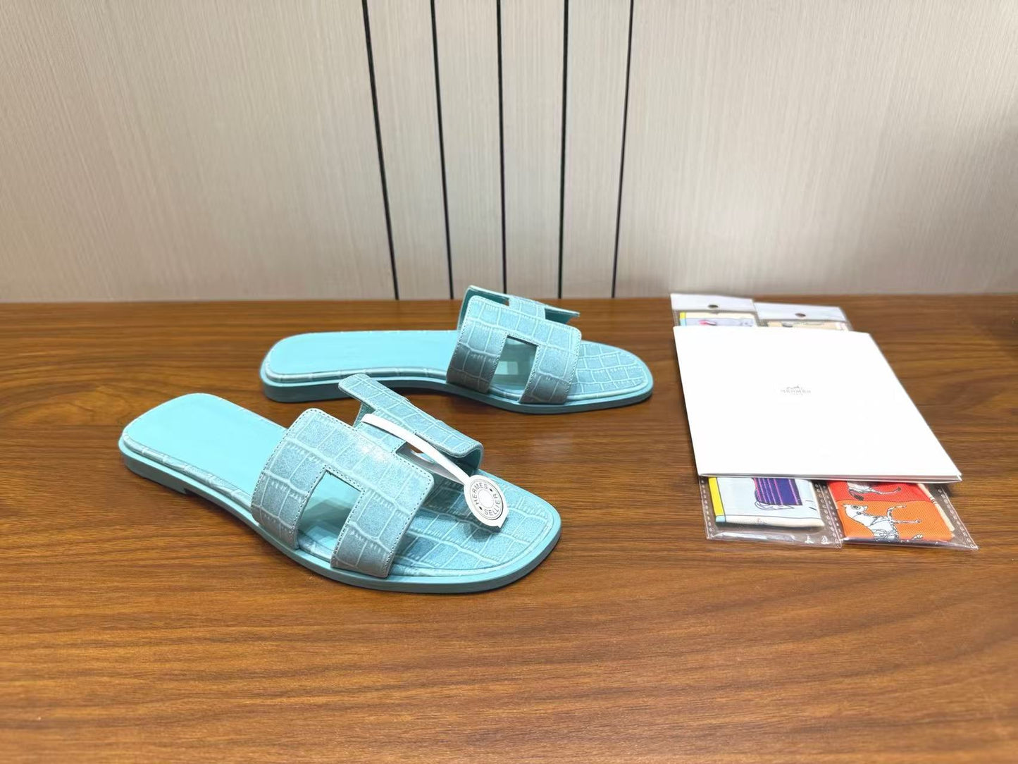HM 26s Oran Slides Light Blue Crocodile-Embossed Leather