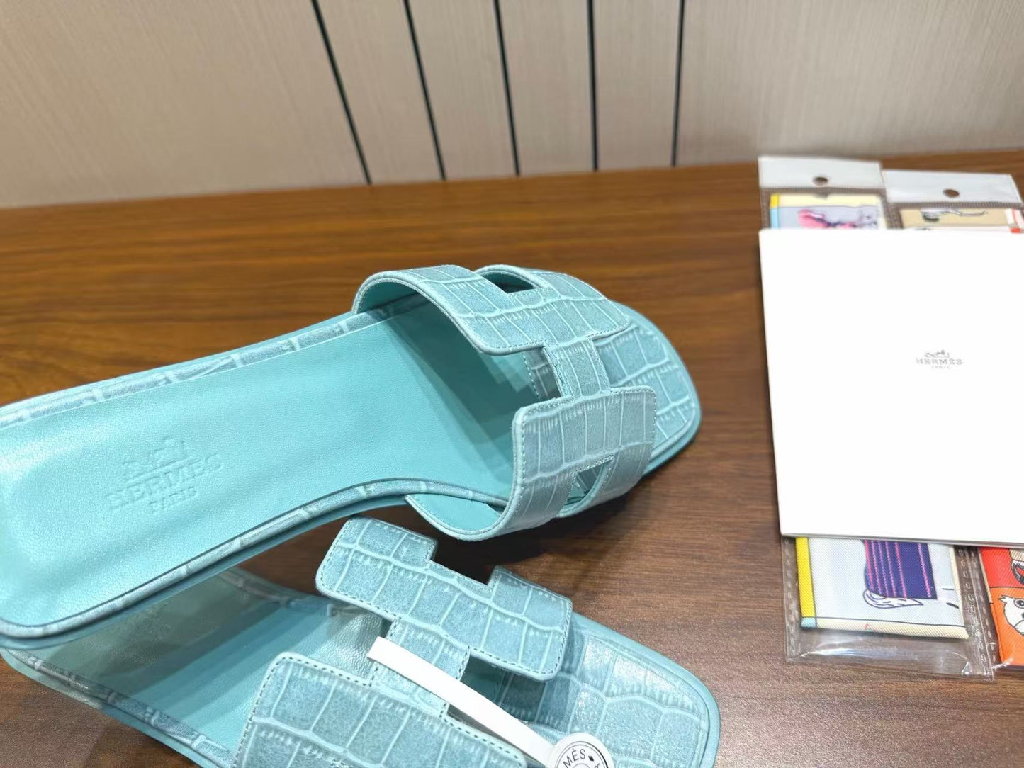 HM 26s Oran Slides Light Blue Crocodile-Embossed Leather