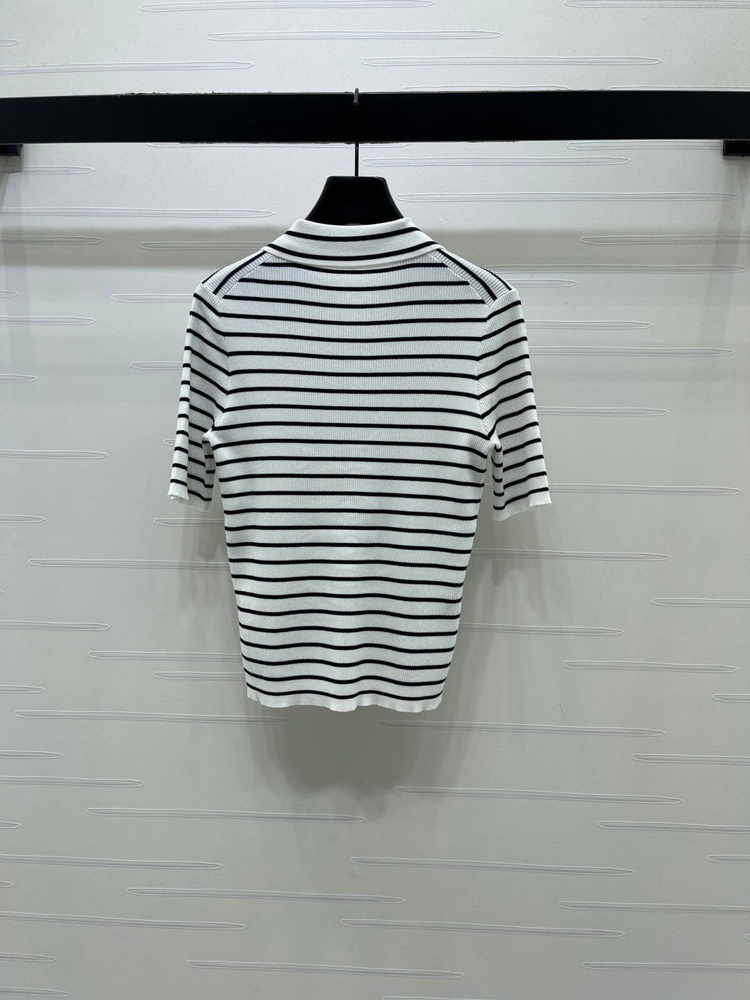 Celine Striped Knit Collared Short-Sleeve Shirt in Tencel