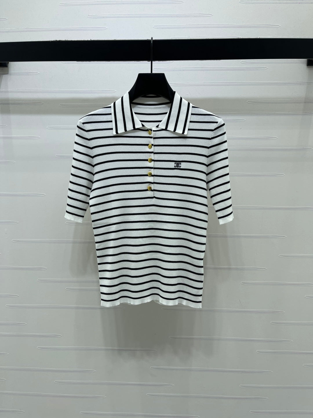 Celine Striped Knit Collared Short-Sleeve Shirt in Tencel