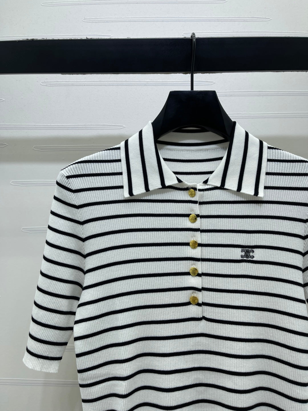 Celine Striped Knit Collared Short-Sleeve Shirt in Tencel