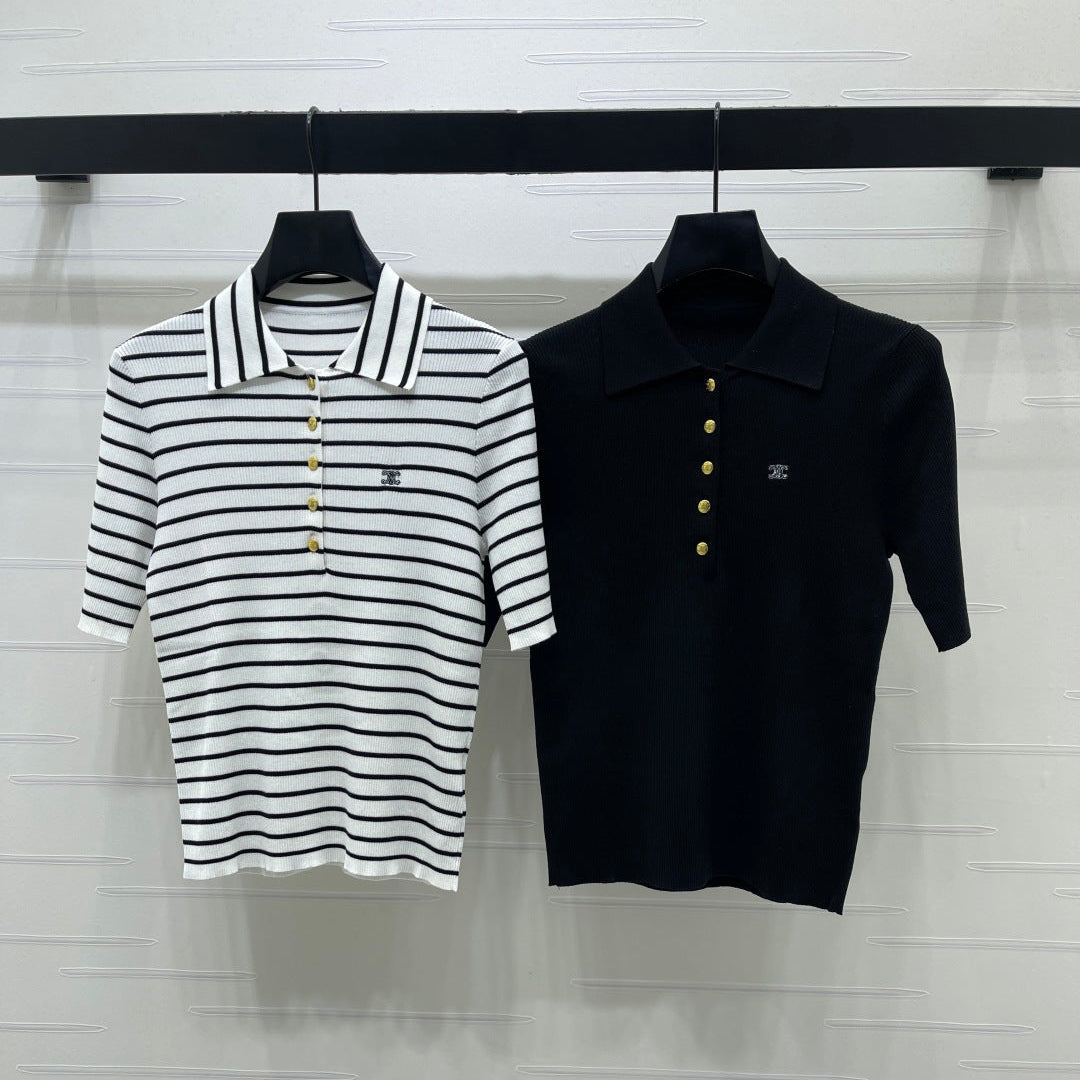 Celine Striped Knit Collared Short-Sleeve Shirt in Tencel