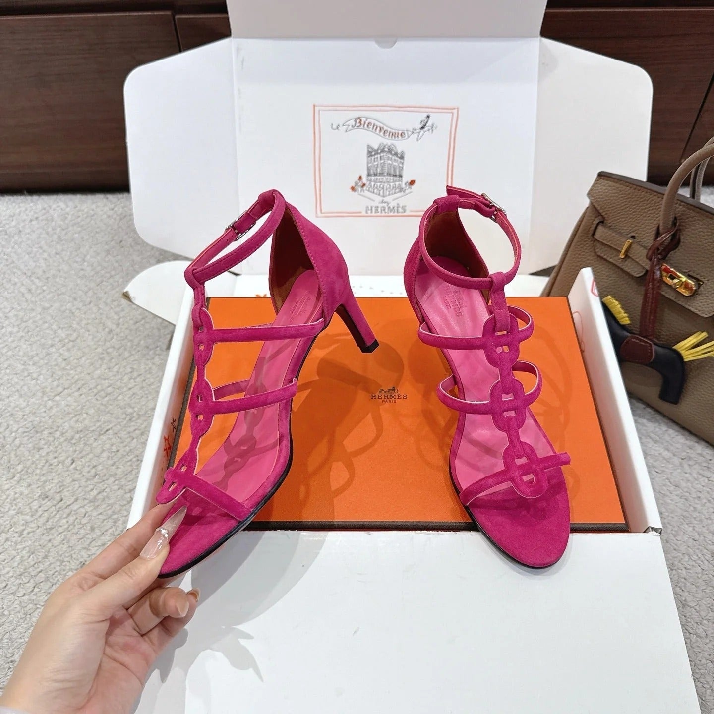 HM 26ss High Heels Sandals 70 Pink Suede 686012