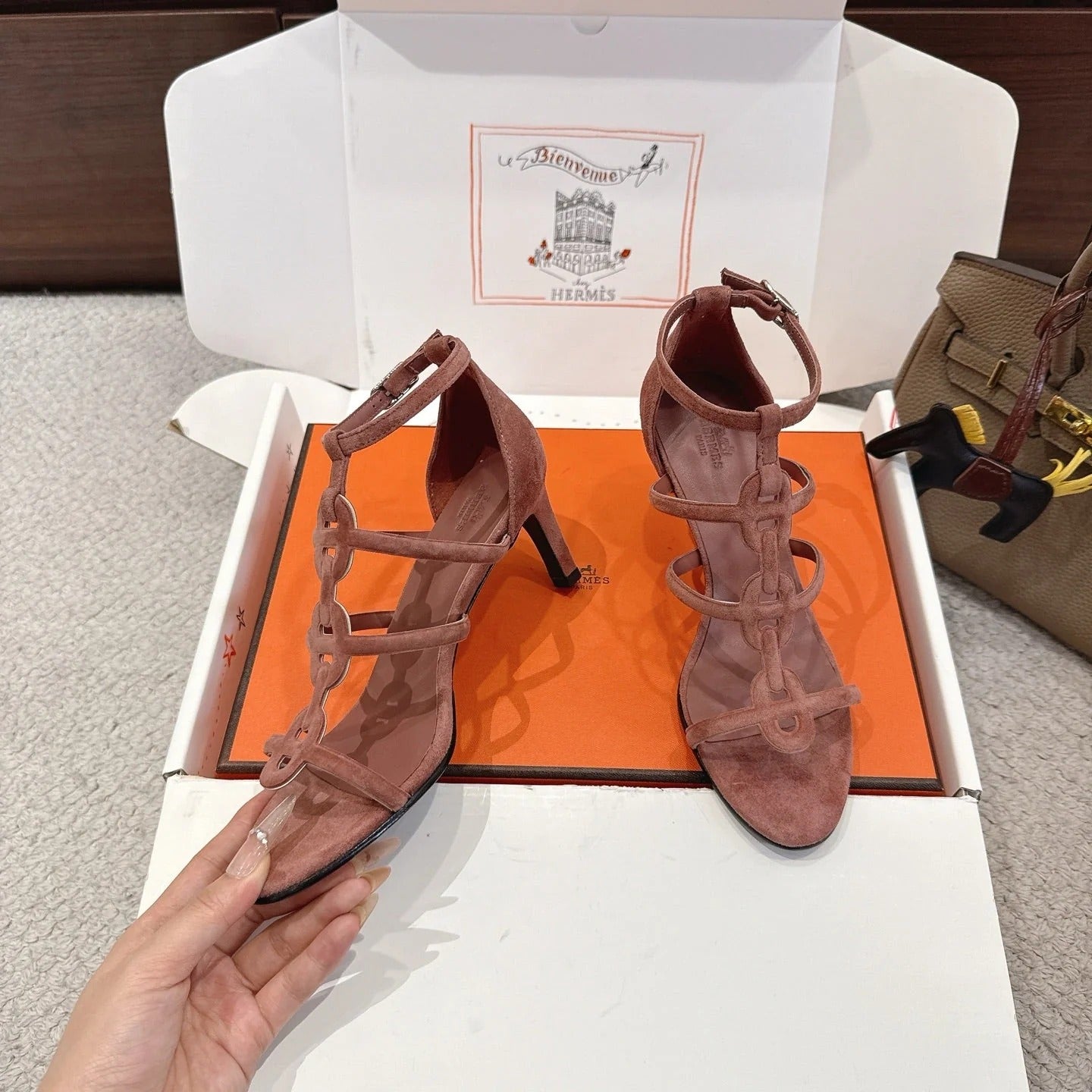 HM 26ss High Heels Sandals 70 Brown Suede 686010