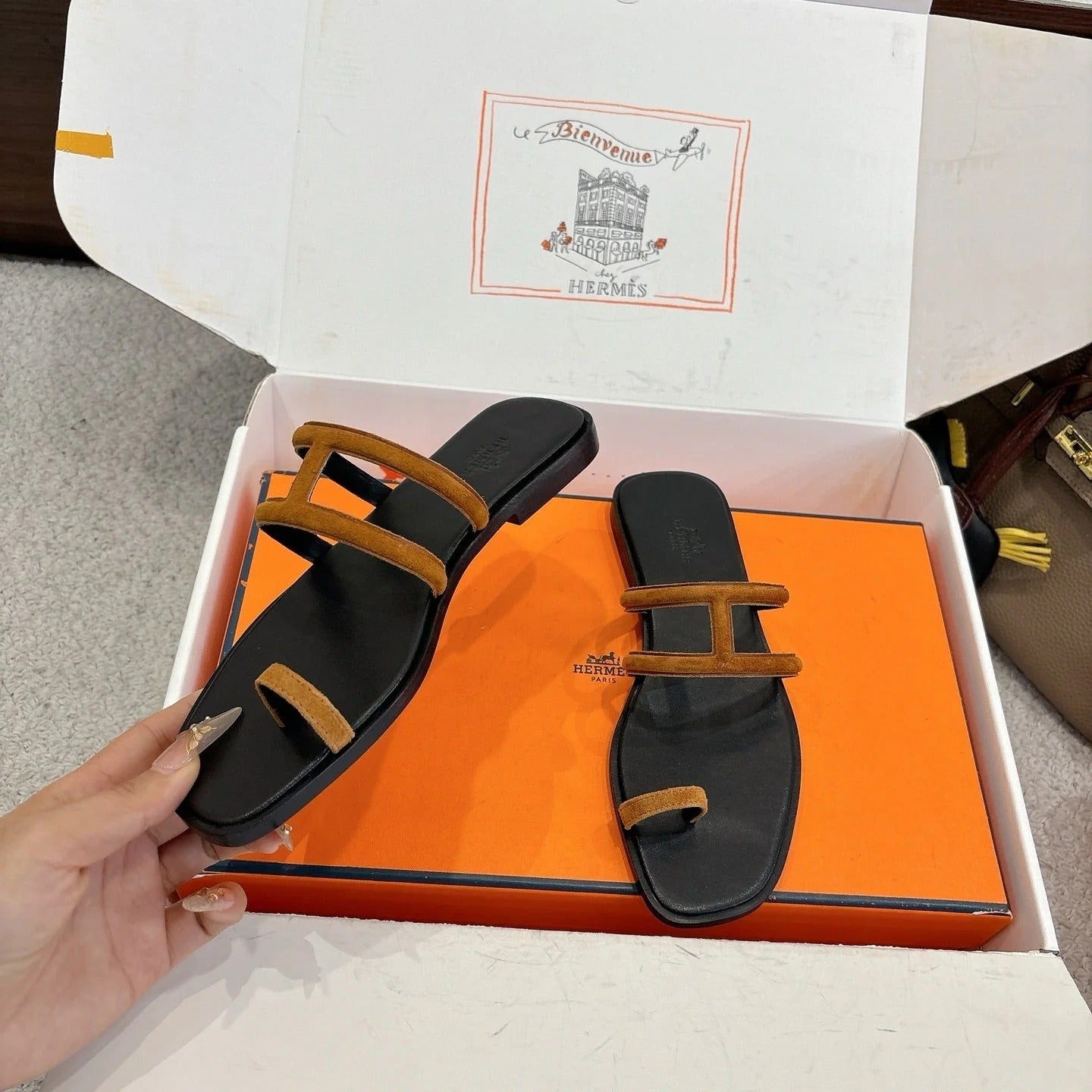 Hermes Georgia Sandals Brown in Suede 685981