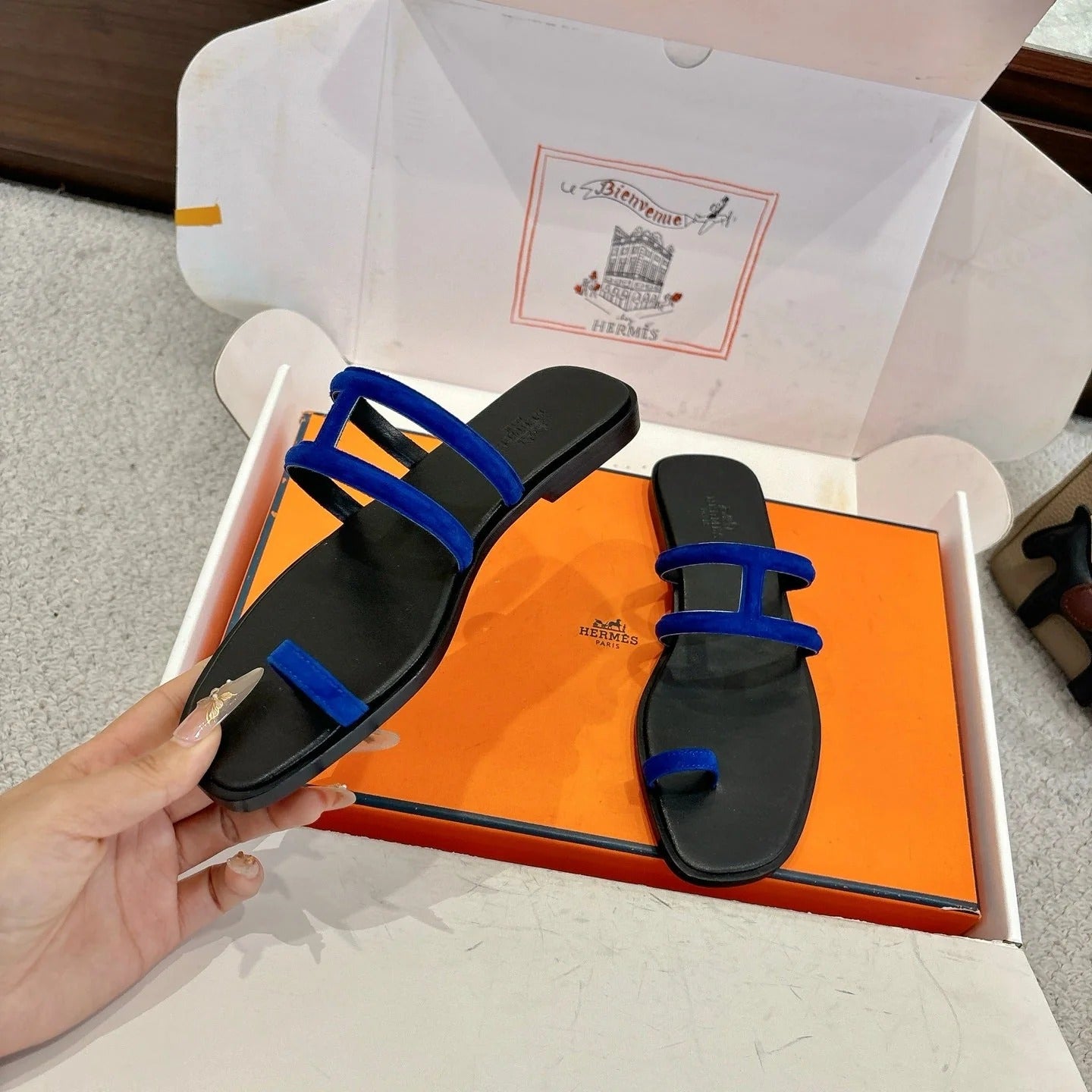 Hermes Georgia Sandals Dark Blue in Suede 685978