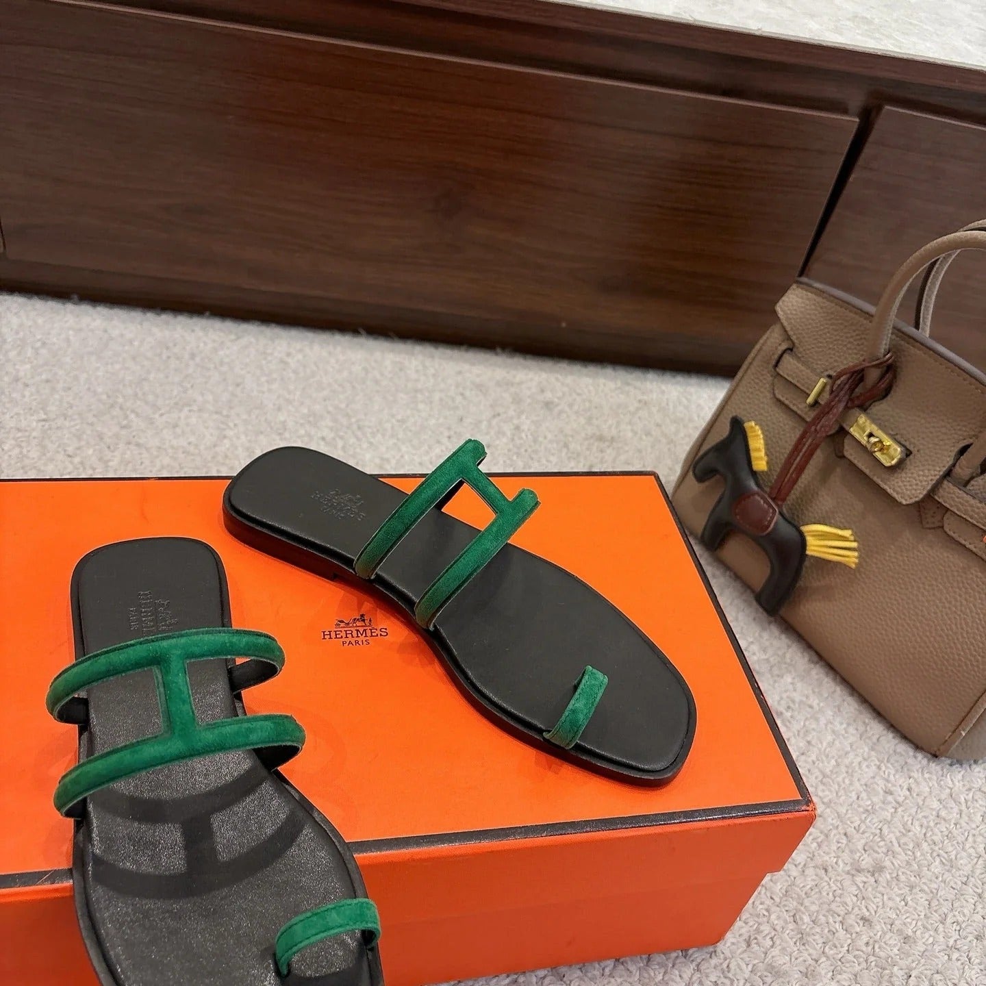 Hermes Georgia Sandals Green in Suede 685985