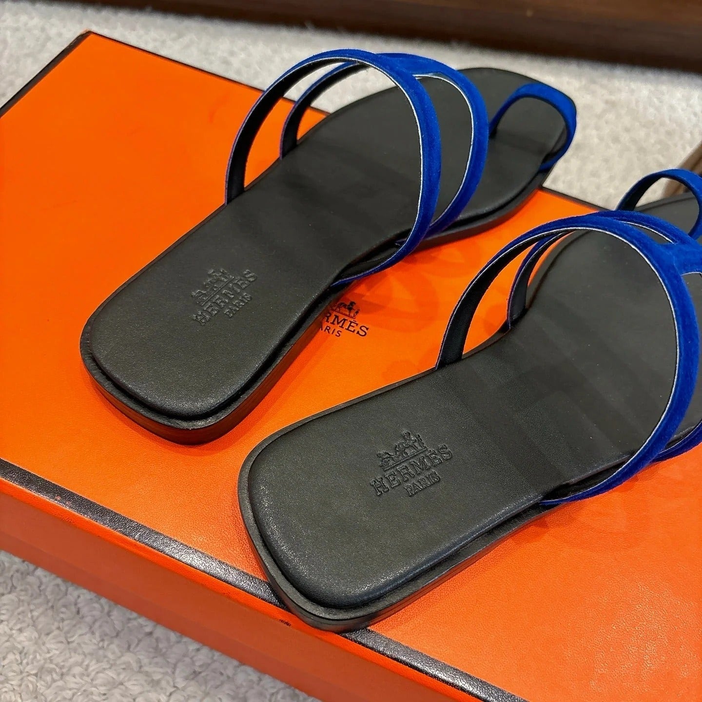 Hermes Georgia Sandals Dark Blue in Suede 685978