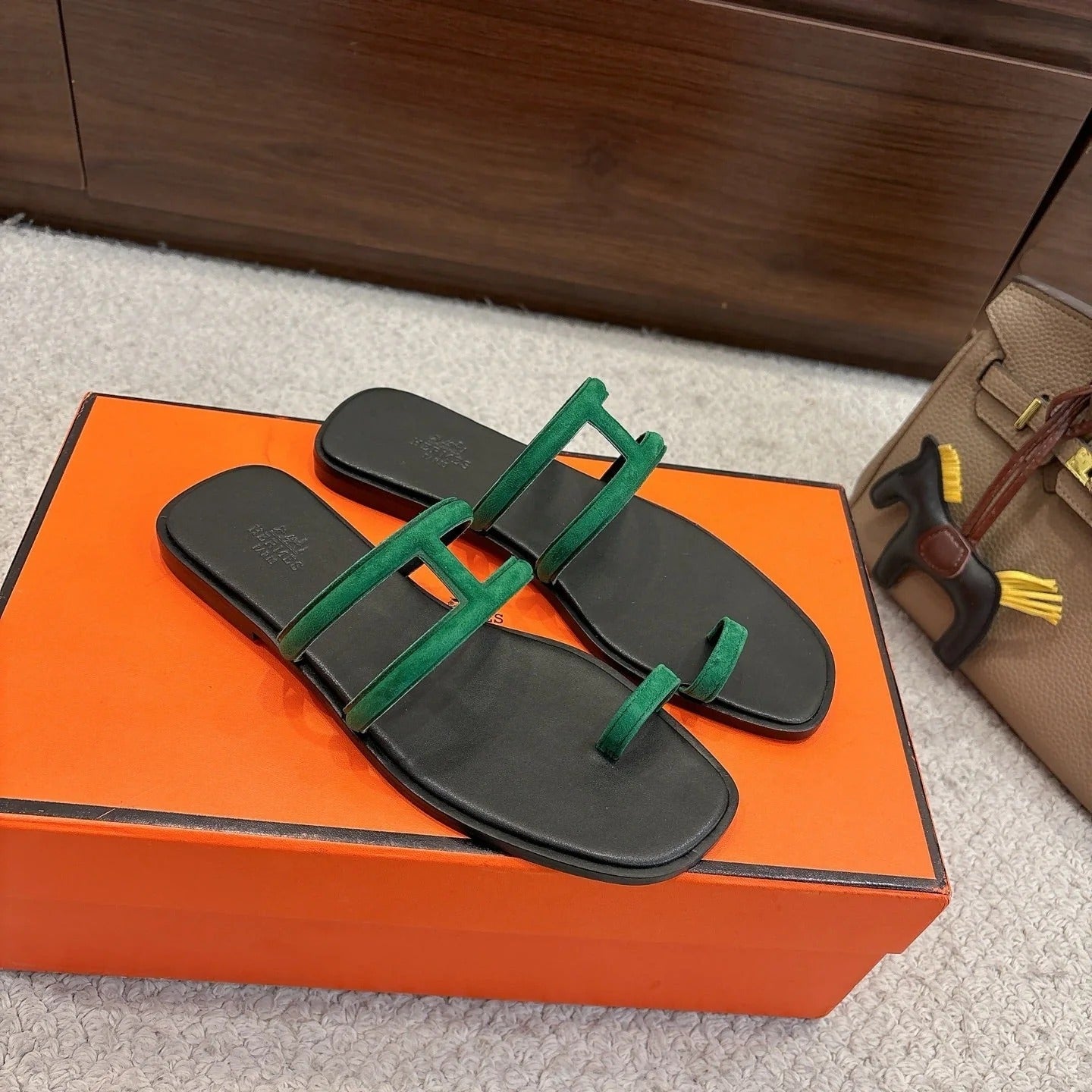 Hermes Georgia Sandals Green in Suede 685985