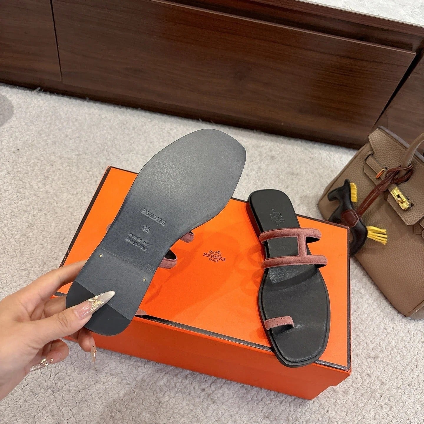 Hermes Georgia Sandals Brown in Suede 685984