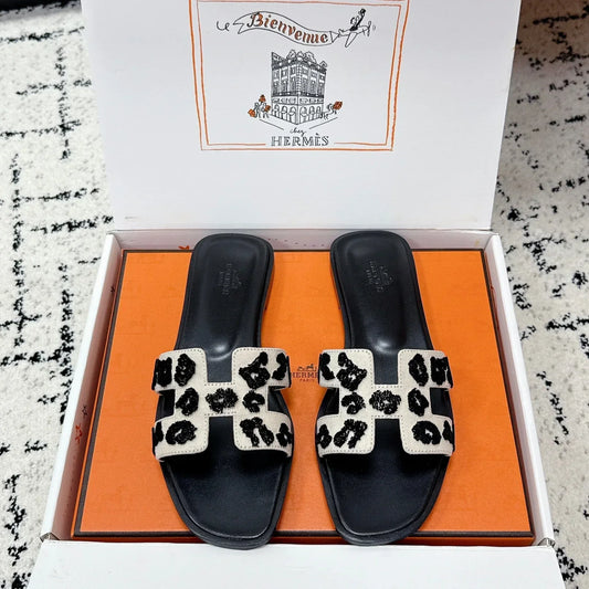 HM 26ss Oran Sandals Black Ivory Denim Cowhide 617184